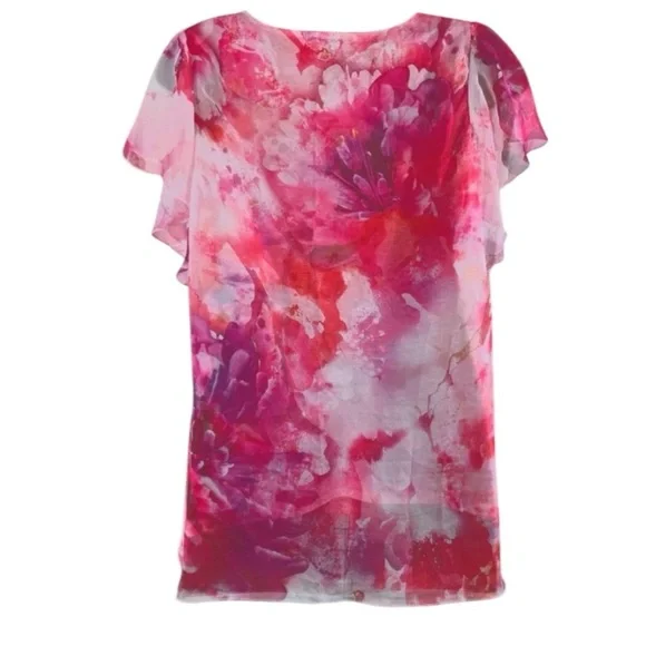 ONE WORLD Pink and Red Flutter Sleeve Blouse - Picture 13 of 15